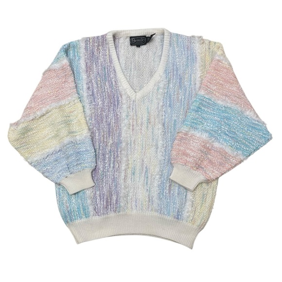 Vintage Sweaters - Vintage 80’s Pastel Rainbow Knit V-Neck Sweater, Colorful, Preppy, Women’s Large